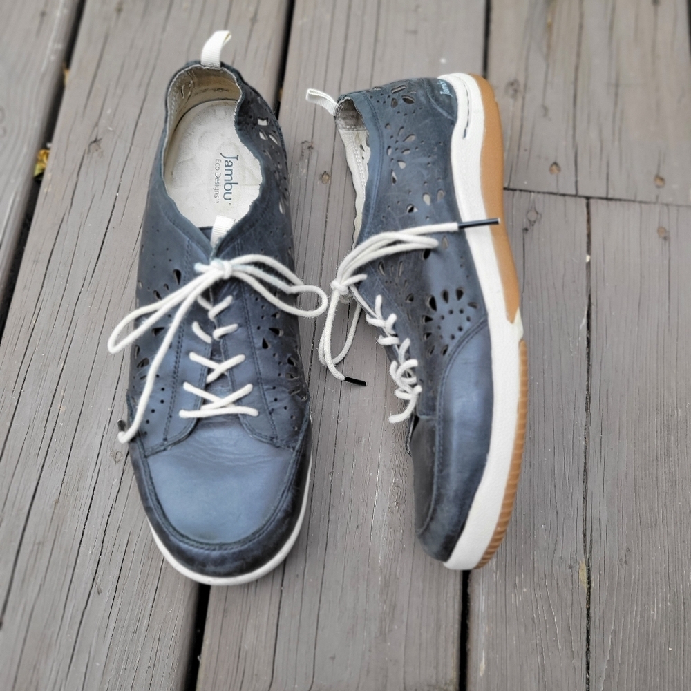 Jambu Bloom Dark Charcoal Grey‎ Black Leather Laser Cut Floral Sneaker Shoes 11